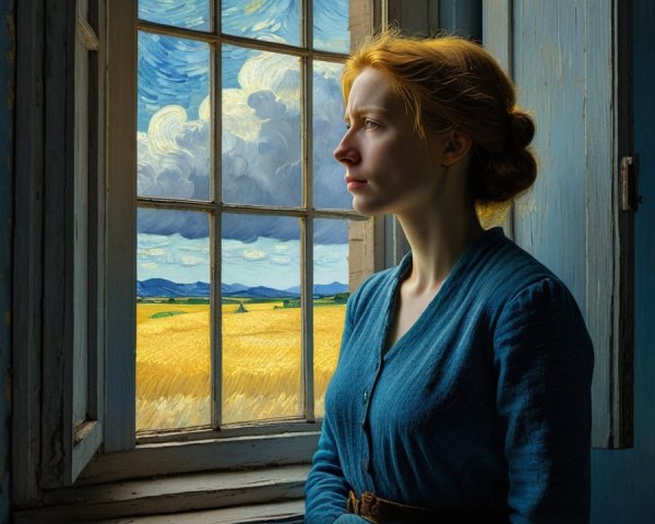 Young woman with red hair gazing out a window