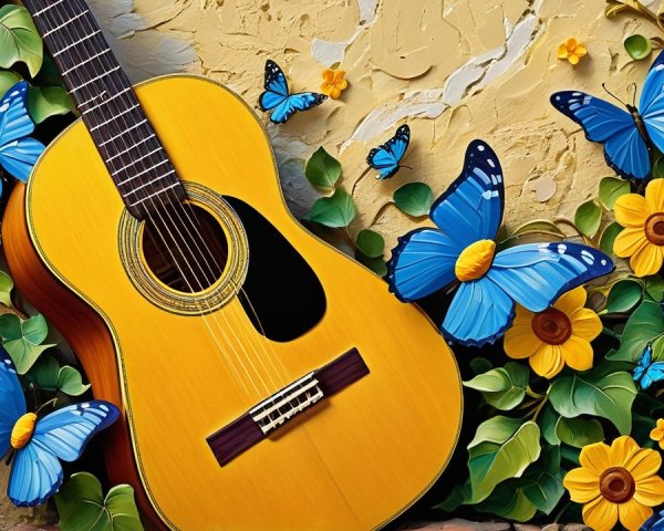 Acoustic Guitar Against Yellow Wall with Butterflies