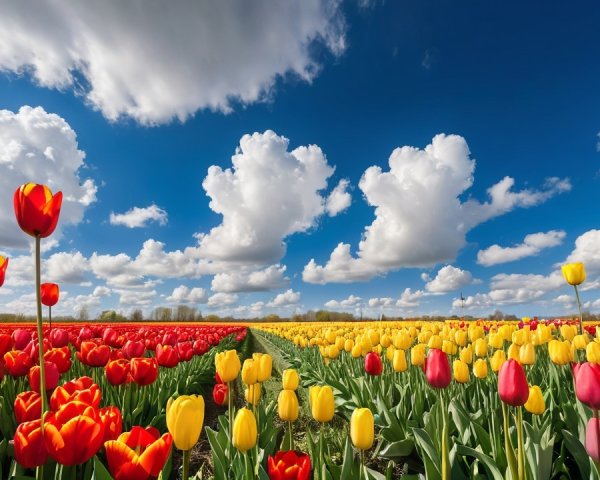 Vibrant Flower Fields Under Blue Sky in Spring
