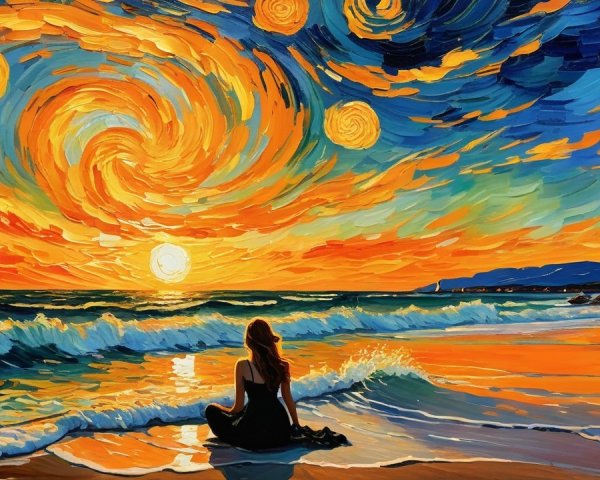 Van Gogh Inspired Painting of a Woman at Sunset