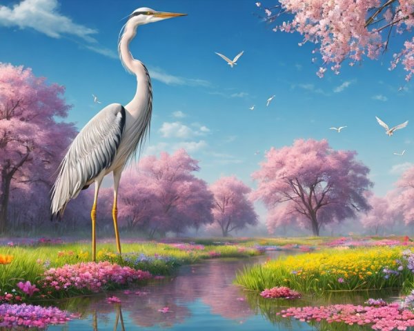 Heron by Stream with Cherry Blossoms and Blue Sky