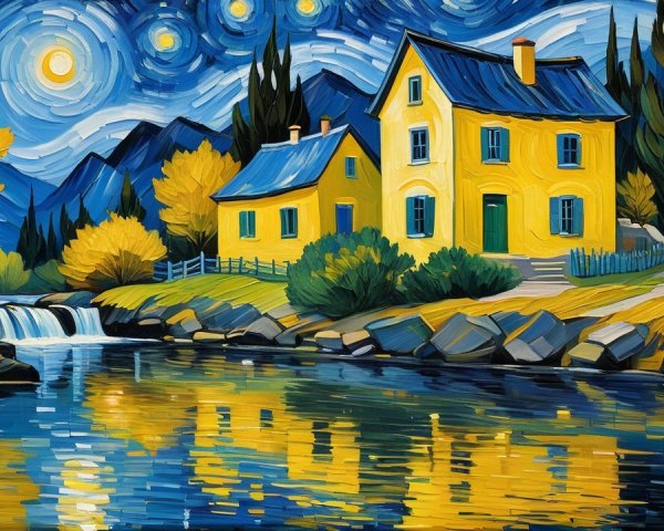 Vibrant Painting of Houses in Dreamlike Landscape
