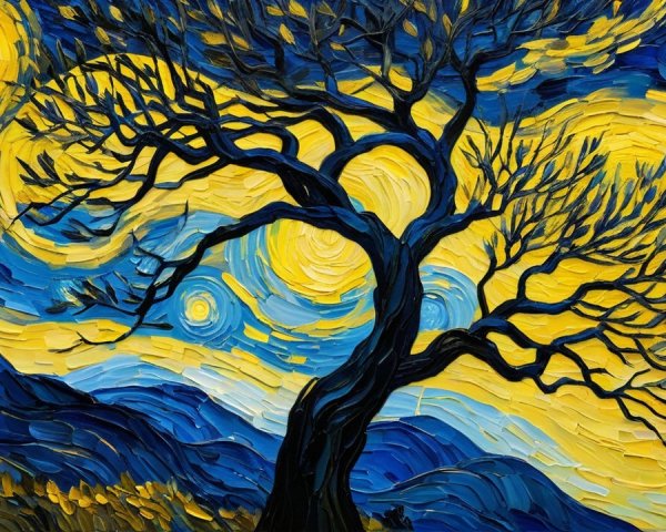 Swirling Night Sky with Gnarled Tree Silhouette