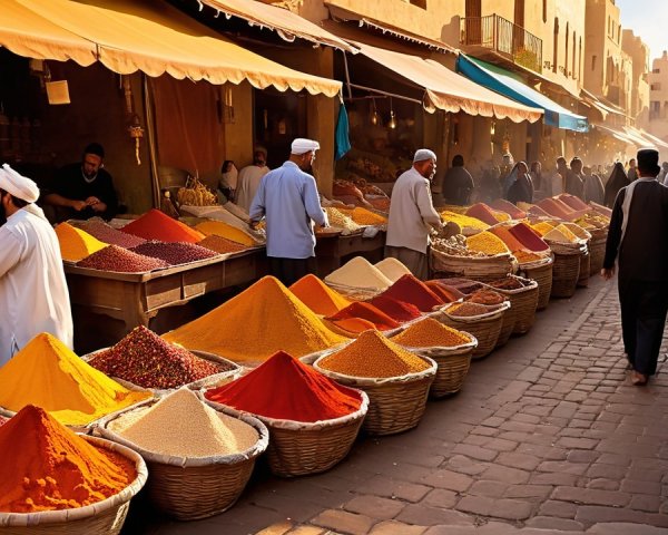 Vibrant Market Scene with Colorful Spices and Vendors