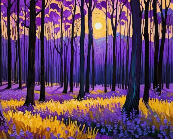 Vibrant Landscape with Purple Trees and Sunset Glow