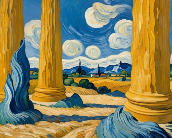 Vibrant Digital Landscape with Golden Pillars and Hills