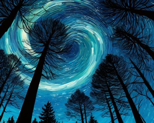 Starry Night Sky with Pine Tree Silhouettes