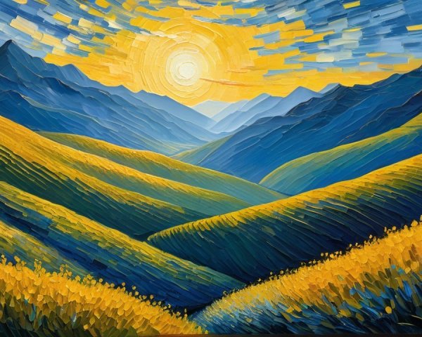Vibrant Landscape with Yellow and Blue Rolling Hills