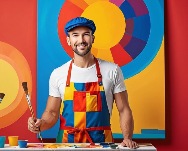 Cheerful Male Artist with Vibrant Circular Artwork