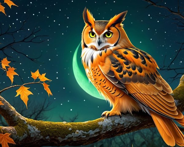 Majestic Owl on a Branch Under a Crescent Moon