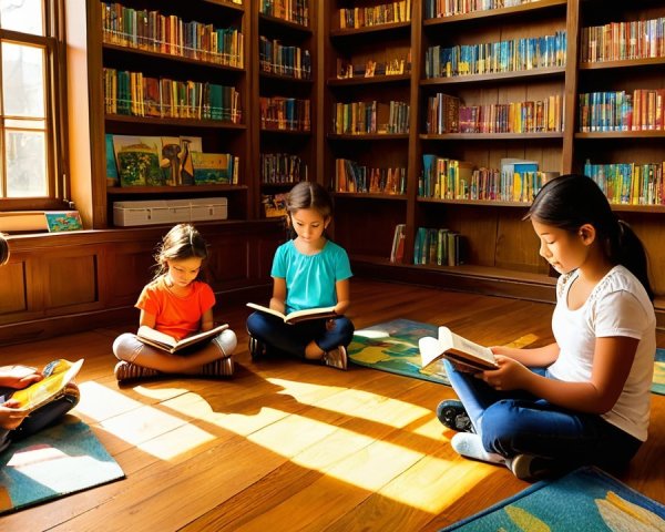 Girls Reading in a Sunlit Library with Colorful Rugs
