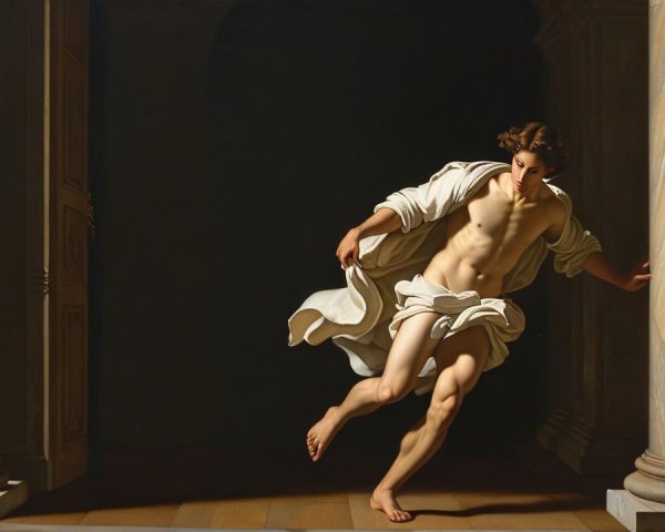 Young man running in white garment against dark backdrop