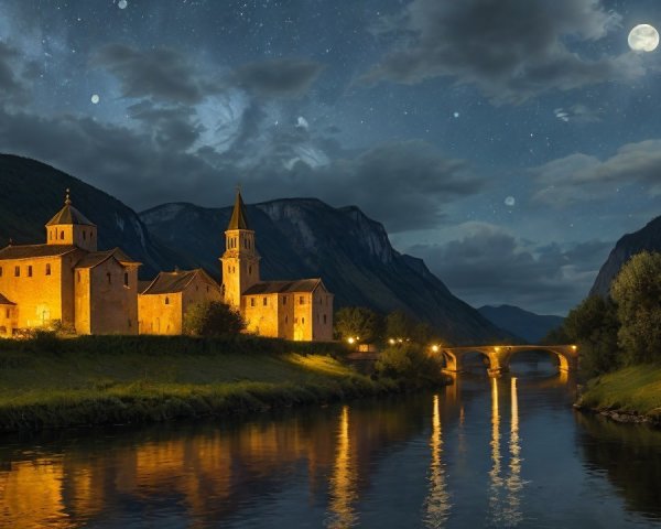 Serene Nighttime Village Landscape by Calm River