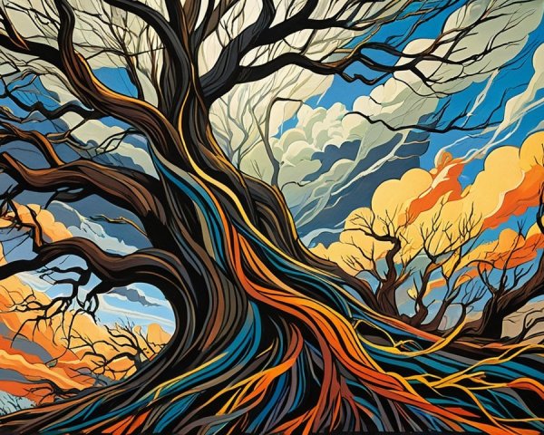 Large Stylized Tree with Dramatic Sky Background