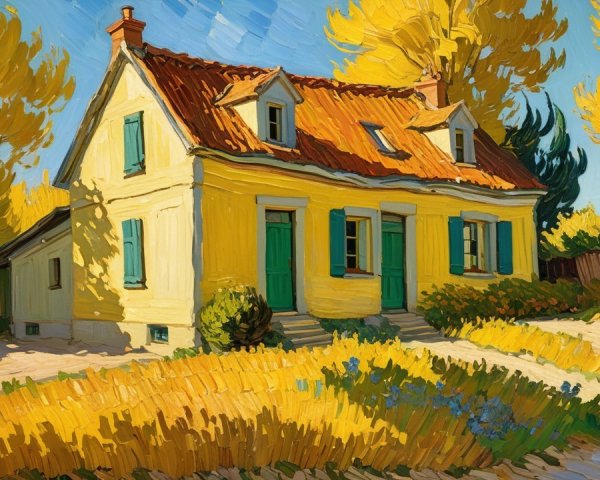 Impressionistic Oil Painting of Yellow House in Autumn