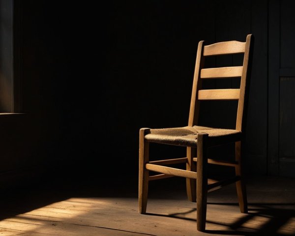Wooden Chair in Dimly Lit Room with Sunlight Shadows