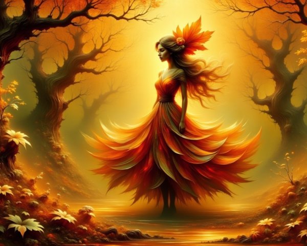 Autumn Scene with Figure in Leaf Dress and Forest