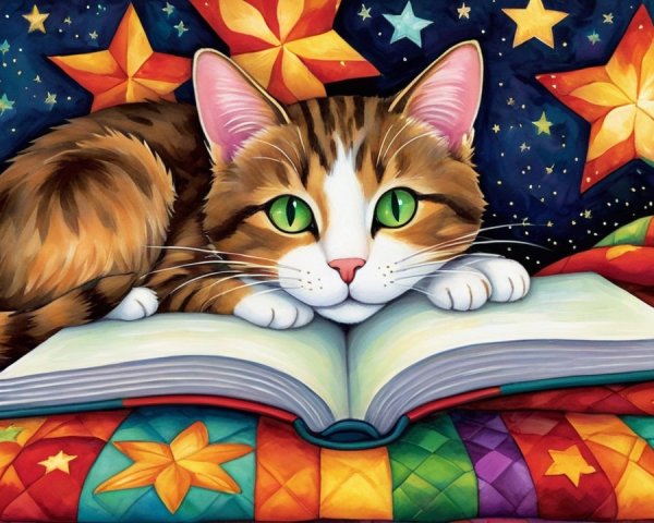 Tabby Cat on Book Under Starry Night Sky