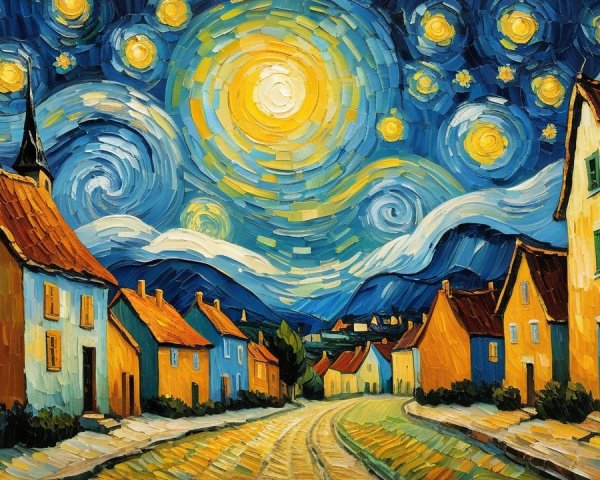 Vibrant Night Sky Over Quaint Village and Hills