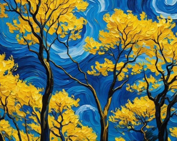 Impasto Oil Painting of Trees Under Night Sky