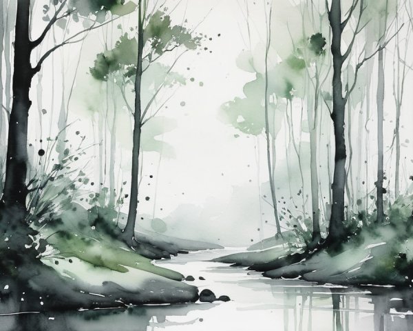 Watercolor Landscape of a Tranquil Forest Stream