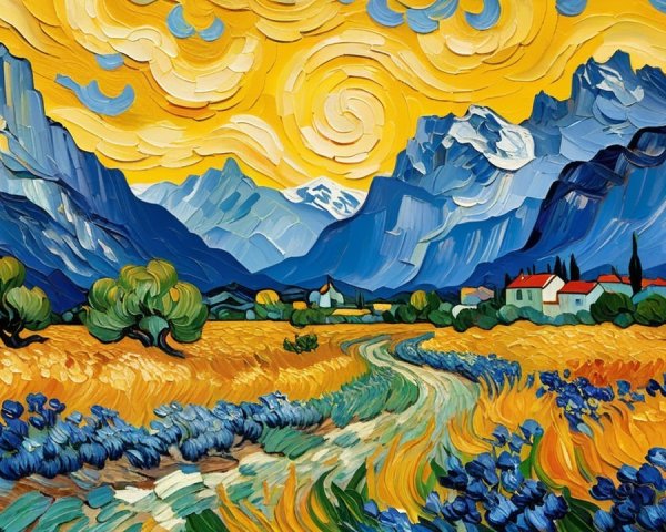 Landscape Painting with Wheat Fields and Mountains