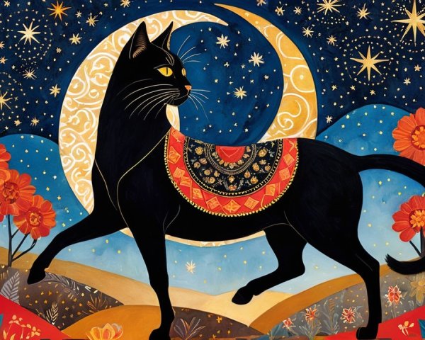 Black Cat with Decorative Blanket Under Starry Sky