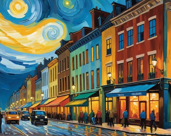 Vibrant Dusk Street Scene with Colorful Buildings