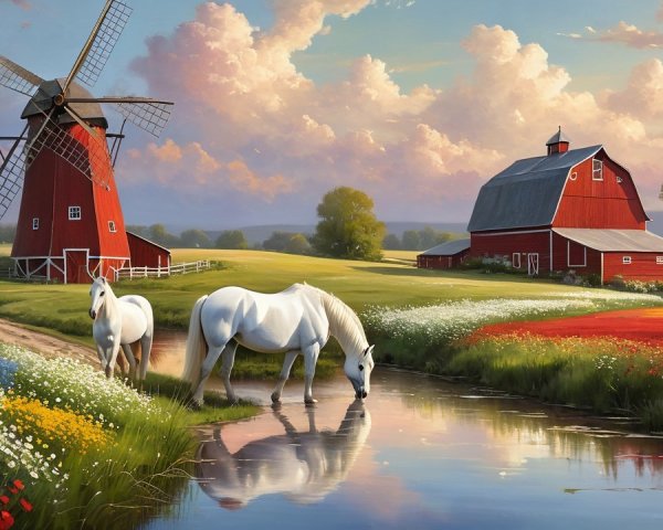 Countryside Scene with Horses, Barn, and Sunset
