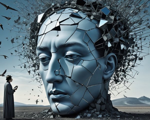 Fragmented Reflective Head in a Desolate Landscape