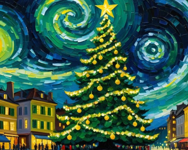 Christmas Scene with Illuminated Tree and Night Sky