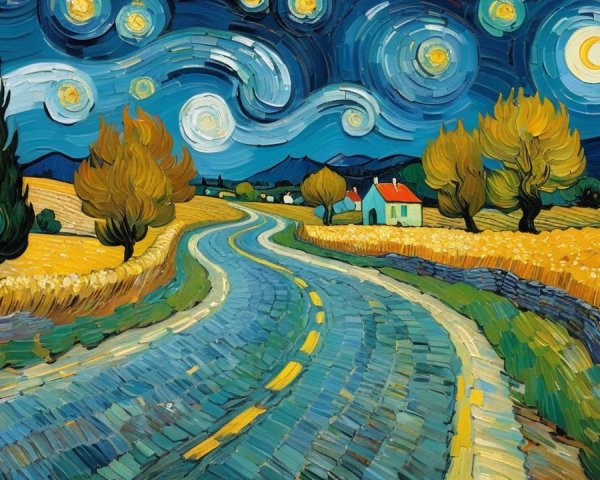 Winding Road Under Starry Night Sky and Fields