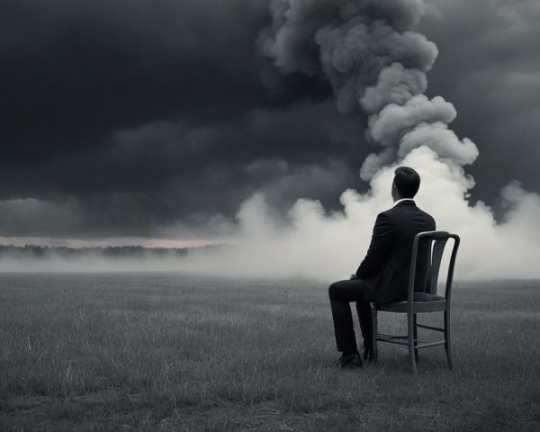 Lone Figure in Suit in Foggy Field with Ominous Clouds