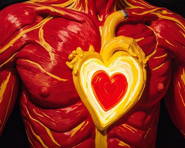 Stylized Human Torso with Vibrant Red Muscles and Heart