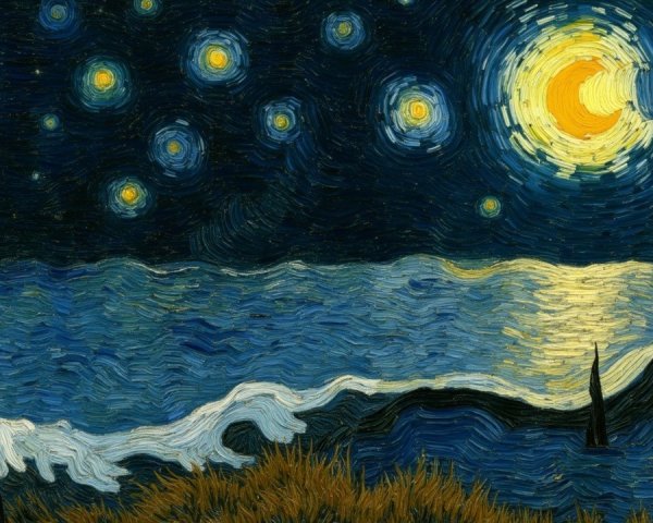 Starry Night Landscape with Swirling Skies and Moon