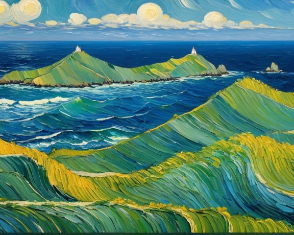 Vibrant Seascape with Green Hills and Lighthouses
