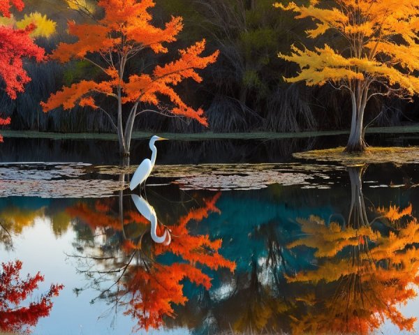 Tranquil Pond with Autumn Trees and Heron Reflection