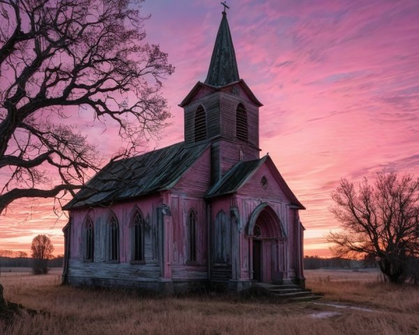 Weathered Church in a Sunset Field Landscape