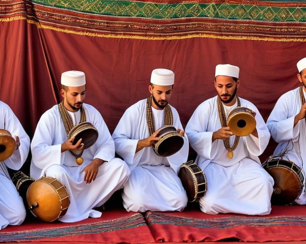 Musicians in Traditional Attire Perform with Percussion Instruments