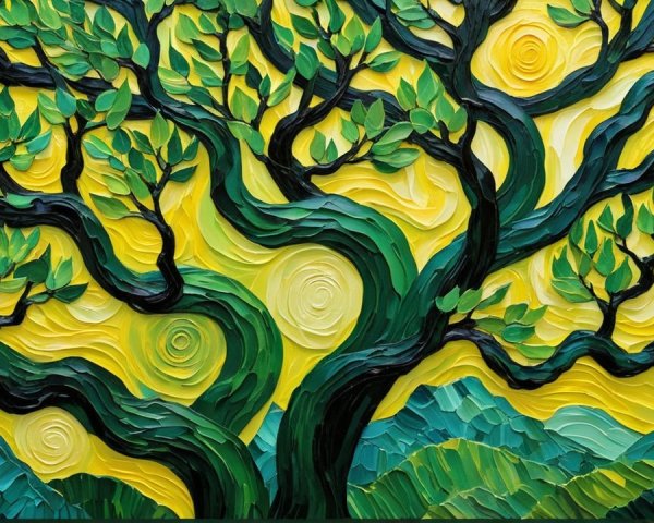 Textured Artwork of a Stylized Tree on Yellow Background