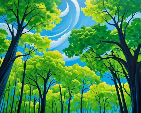 Vibrant Forest Scene with Tall Trees and Blue Sky