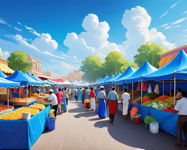 Vibrant Outdoor Market Scene with Colorful Tents