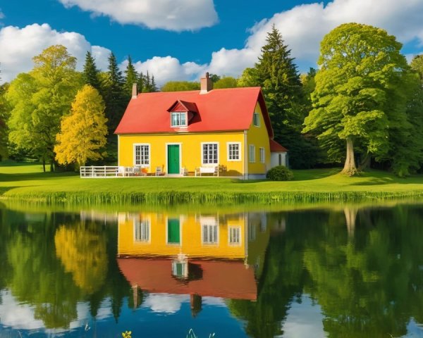 Charming Yellow House by Serene Lake and Greenery