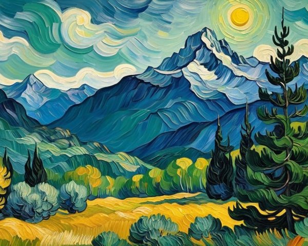 Vibrant Landscape with Majestic Mountains and Sunlight