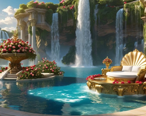 Ornate Outdoor Seating Area by Sparkling Pool