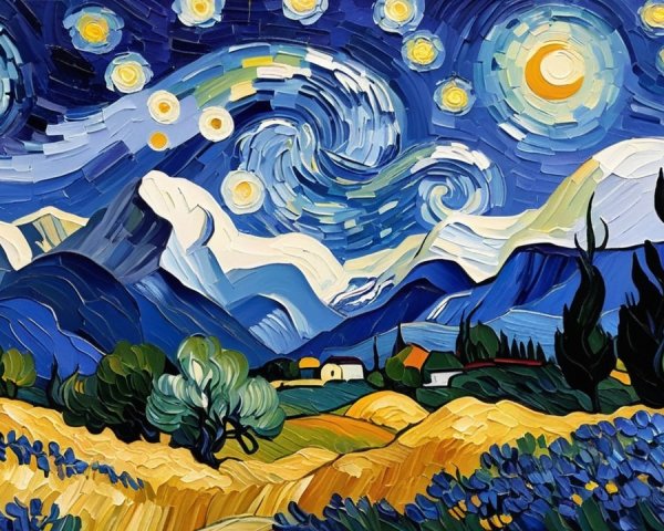 Van Gogh Inspired Landscape with Wildflowers and Moons