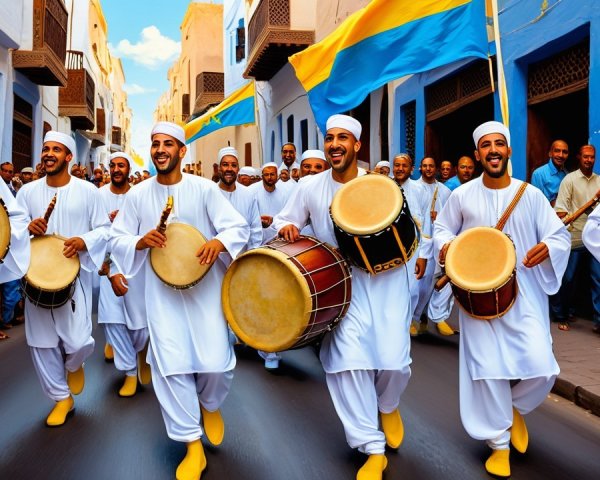 Vibrant Street Scene with Musicians in Traditional Attire