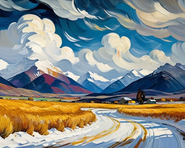 Vibrant Landscape with Golden Fields and Mountains