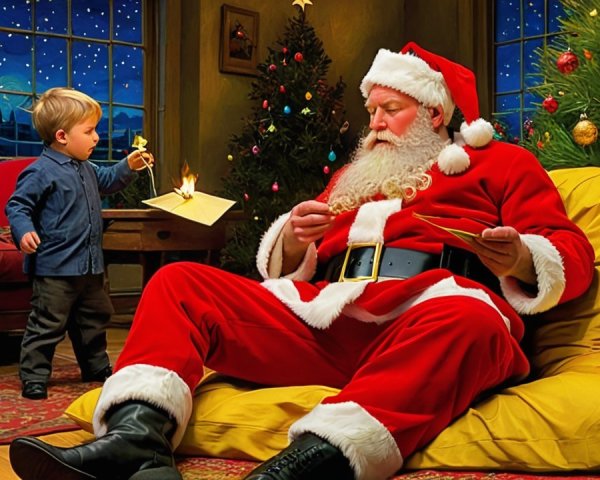 Santa Claus in Festive Room with Young Boy and Object