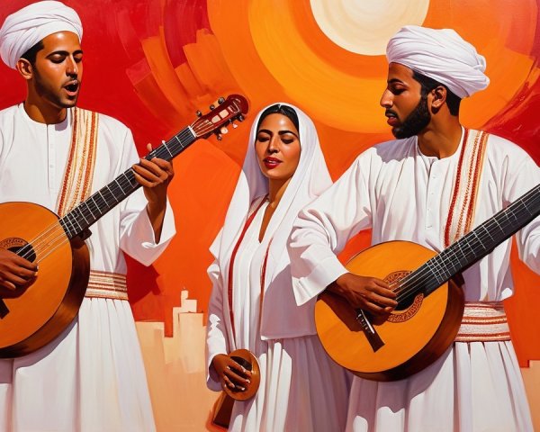 Three Musicians in Traditional Attire Against Orange Background